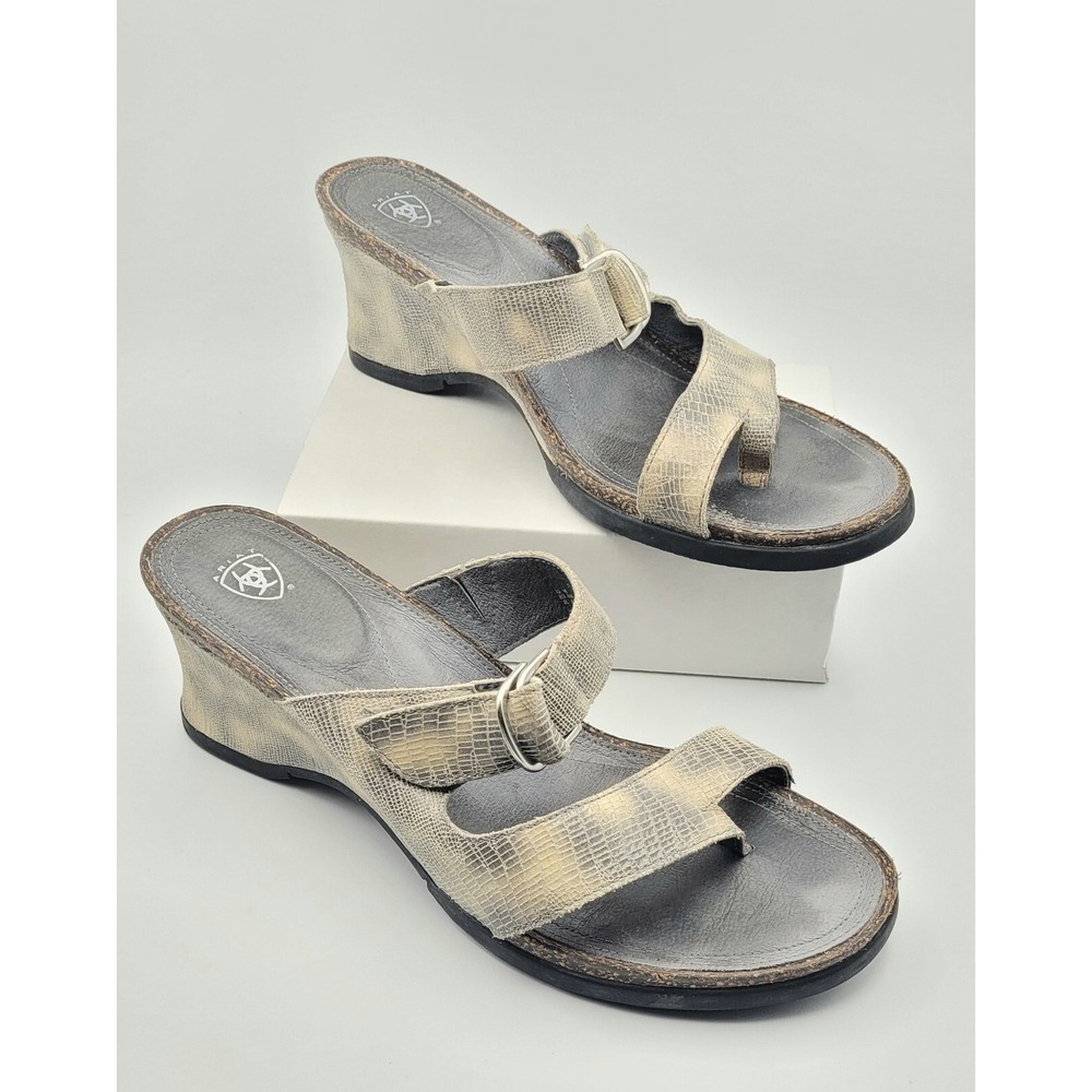 Ariat Women's Wedge Sandals Size 9B Gray Cream Embossed Reptile Print Slip On